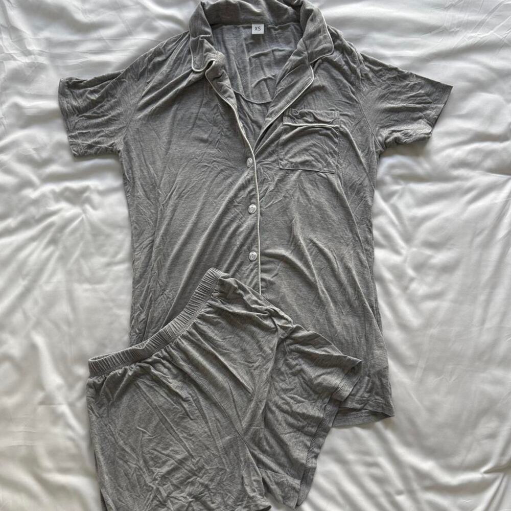 Grey pajama set with shorts and top